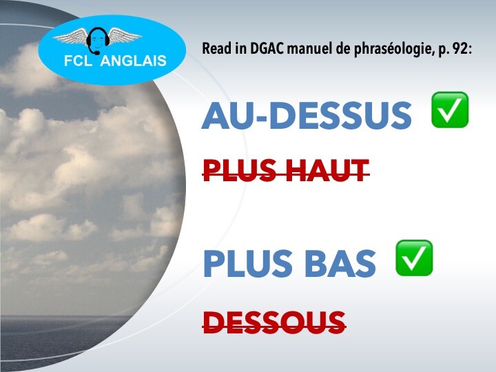 Altitudes relatives : au-dessus, plus bas, phraséologie communication radio entre pilote et contrôleur aérien selon la DGAC, direction générale de l'aviation civile en France