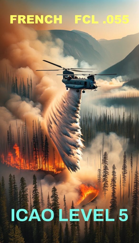 Helicopter chinook dropping water onto wildfires, French language rating for pilot, FCL .055 ICAO level 5